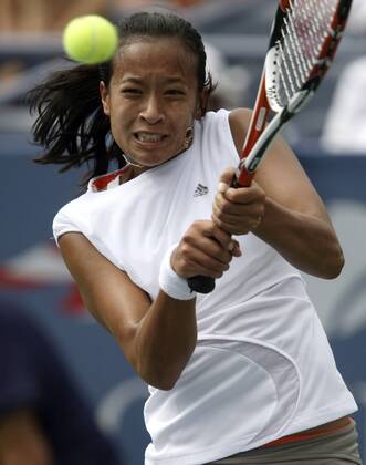Anne Keothavong (Großbritannien) Tennis Damen US Open 2008, Grand Slam, WTA Tour Einzelbild Flushing Meadow New York, NY N Y Dynamik, Anstrengung,