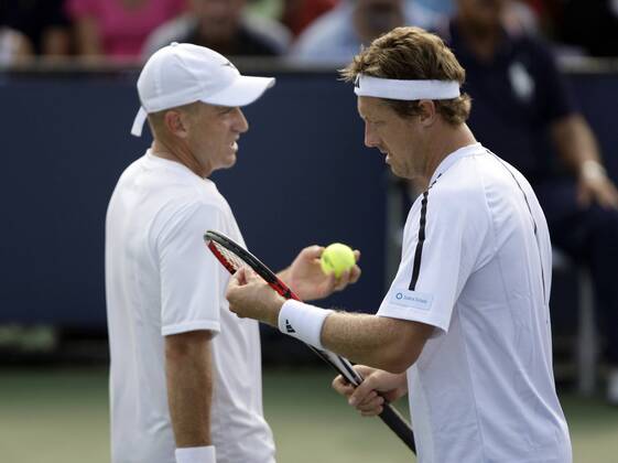 Kevin Ullyett (Zimbabwe, li.) und Jonas Björkman (Schweden) Tennis Herren US Open 2008, Grand Slam, ATP Tour Gruppe Flushing Meadow New York, NY N Y