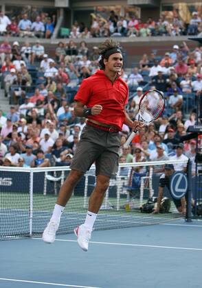 Roger Federer (Schweiz) jubelt Tennis Herren US Open 2008, Grand Slam, ATP Tour Einzelbild Flushing Meadow New York, NY N Y Freude, Begeisterung,
