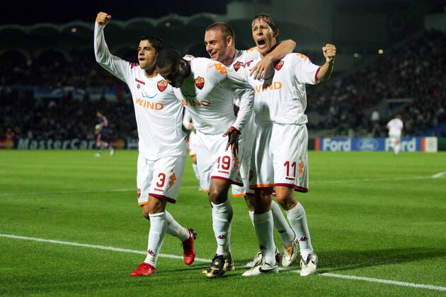 Torjubel AS Rom, v.li.: Cicinho, Julio Baptista, Daniele De Rossi und Rodrigo Taddei -  (pan28162) Fußball EC 1 Herren Champions League 2008 2009, Roma Gruppe Bordeaux Freude,