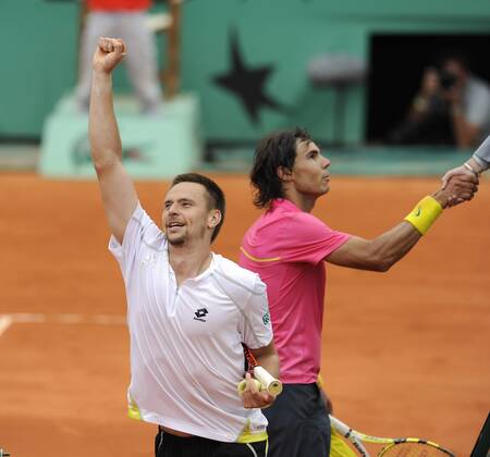 Robin Söderling (Schweden, li.) - Schlussjubel nach dem Erfolg gegen Rafael Nadal (Spanien) Tennis Herren French Open 2009, Grand Slam, ATP Tour Gruppe Roland Garros Paris Freude,