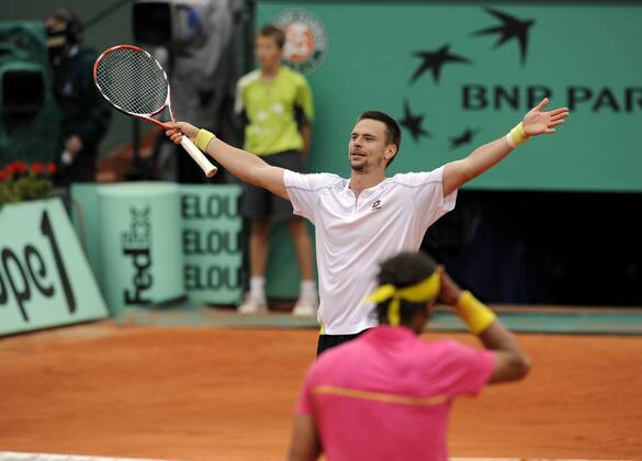 Robin Söderling (Schweden, li.) - Schlussjubel nach dem Erfolg gegen Rafael Nadal (Spanien) Tennis Herren French Open 2009, Grand Slam, ATP Tour Gruppe Roland Garros Paris Freude,