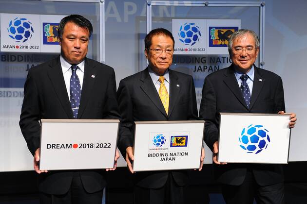 (iL to R) JFA secretary general Kozo Tajima, Junji Ogura (president of East Asian Football Federation), JFA president Motoaki Inukai, Press conference of 2018 2022 FIFA World cup Japan bid committee at JFA House, Tokyo,  (2009100815124755) o0 Funktionär Generalsekretär Präsident
