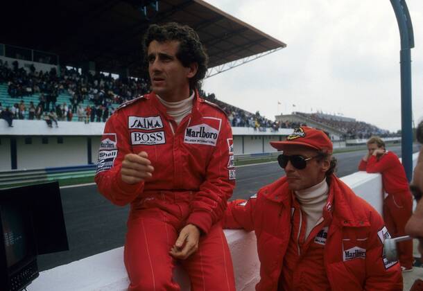 Alain Prost (Frankreich, li.) mit Niki Lauda (Österreich beide McLaren TAG Porsche) Motorsport Grand Prix Herren Großer Preis von xxx 1984, Formel 1 Weltmeisterschaft, F1, F, GP, WM Gruppe Aufnahmedatum geschätzt