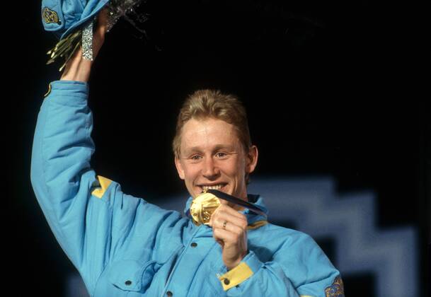 Gunde Svan (Schweden) - Olympiasieger über die 50km 1988 Nordischer Skilauf OS Winter Herren Olympische Winterspiele Calgary 1988, Spiele, Nordischer Skisport, Langlauf, Ski Nordisch, 50km Einzelbild Calgary Freude,