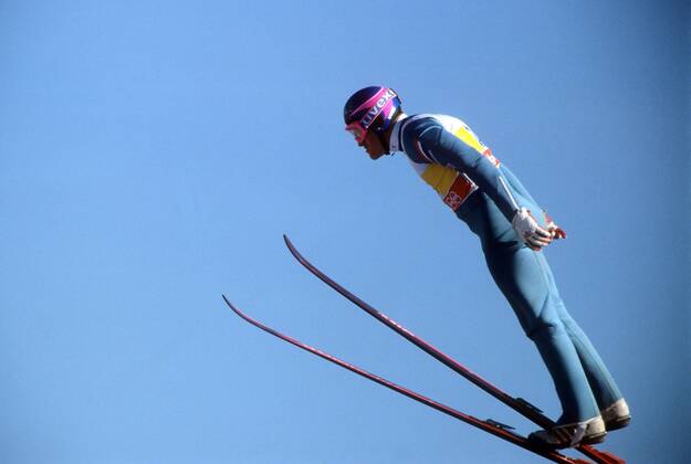 Michael Eddie The Eagle Edwards (Großbritannien) Skispringen OS Winter Herren Olympische Spiele 1988, Winterspiele, Ski Nordisch, Skisport Einzelbild Calgary