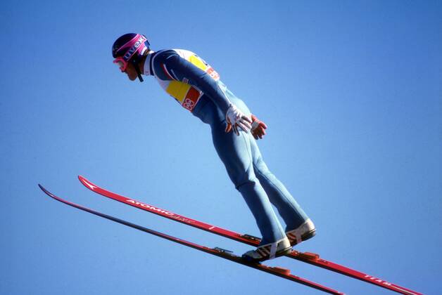 Michael Eddie The Eagle Edwards (Großbritannien) Skispringen OS Winter Herren Olympische Spiele 1988, Winterspiele, Ski Nordisch, Skisport Einzelbild Calgary