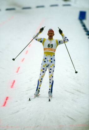Gunde Svan (Schweden), Olympiasieger 1988 über die 50km Nordischer Skilauf OS Winter Herren Olympische Spiele 1988, Winterspiele, Ski Nordisch, Skisport, Langlauf Einzelbild Calgary Freude,