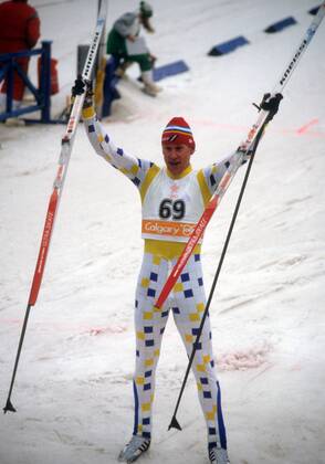 Gunde Svan (Schweden), Olympiasieger 1988 in Calgary über die 50km Nordischer Skilauf OS Winter Herren Olympische Spiele 1988, Winterspiele, Ski Nordisch, Skisport, Langlauf Einzelbild Calgary Freude, Begeisterung,