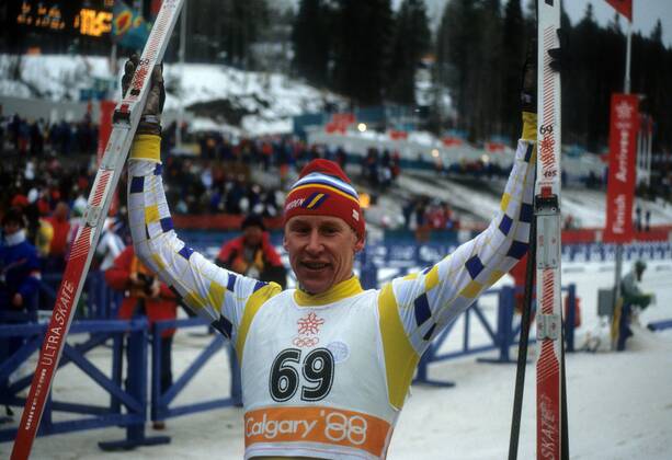 Gunde Svan (Schweden), Olympiasieger 1988 in Calgary über die 50km Nordischer Skilauf OS Winter Herren Olympische Spiele 1988, Winterspiele, Ski Nordisch, Skisport, Langlauf Einzelbild Calgary Freude,