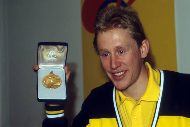 Gunde Svan (Schweden), Olympiasieger über die 50km der Olympischen Spiele 1988 in Calgary Nordischer Skilauf OS Winter Herren Olympische Spiele 1988, Winterspiele, Ski Nordisch, Skisport, Langlauf Einzelbild Calgary Freude,