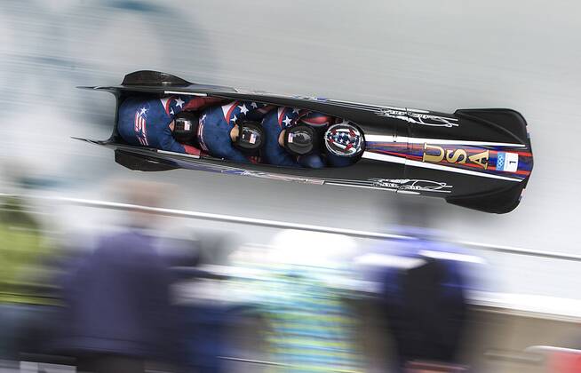 Whistler, BC, Canada - WHISTLER, BC: FEBRUARY 27, 2010 -- USA 1 s four man bobsleigh rips down The Whistler Sliding Centre course during the third round, in Whistler, BC, during the 2010 Olympic Games, Saturday February 27, 2010. - ZUMAw51