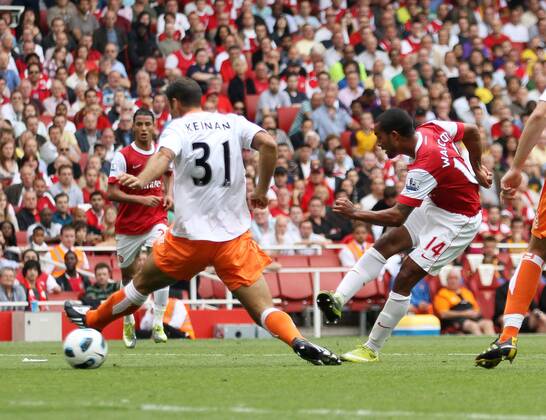 Arsenal s Theo Walcott scoring his sides second goal Barclays Premier League Arsenal London (red) v Blackpool FC (white) 21st August, 2010 EDITORIAL USE ONLY. No use with unauthorised audio, video, data, fixture lists, club league logos or live services. Online in-match use limited to 120 images, no video emulation. No use in betting, games or single club league player publications.