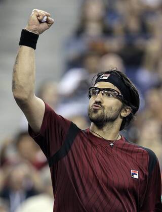 Janko Tipsarevic of Serbia in the second round at the U.S. Open Tennis Championships in Arthur Ashe Stadium in New York City on September 1, 2010.  NYP20100901117 o0 Jubel Freude Flushing Meadows