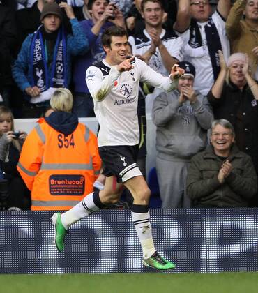 Tottenhams Gareth Bale celebrates scoring his sides opening goal - Barclays Premier League - Tottenham Hotspur - Blackburn Rovers - EDITORIAL USE ONLY. No use with unauthorised audio, video, data, fixture lists, club league logos or live services. Online in-match use limited to 120 images, no video emulation. No use in betting, games or single club league player publications.