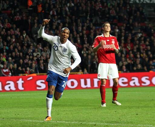 Englands Ashley Young celebrates scoring his sides second goal International Friendly Denmark v England 9th February, 2011 EDITORIAL USE ONLY. No use with unauthorised audio, video, data, fixture lists, club league logos or live services. Online in-match use limited to 120 images, no video emulation. No use in betting, games or single club league player publications. o0 Jubel, Freude