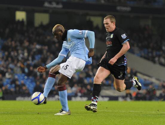 Mario Balotelli of Manchester City scores the second goal EON FA Cup 5th Round Manchester City (blue) v Aston Villa (black) 2nd March, 2011 EDITORIAL USE ONLY. No use with unauthorised audio, video, data, fixture lists, club league logos or live services. Online in-match use limited to 120 images, no video emulation. No use in betting, games or single club league player publications.