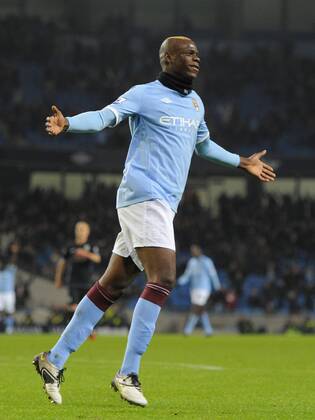 Mario Balotelli of Manchester City celebrates scoring the second goal EON FA Cup 5th Round Manchester City (blue) v Aston Villa (black) 2nd March, 2011 EDITORIAL USE ONLY. No use with unauthorised audio, video, data, fixture lists, club league logos or live services. Online in-match use limited to 120 images, no video emulation. No use in betting, games or single club league player publications.