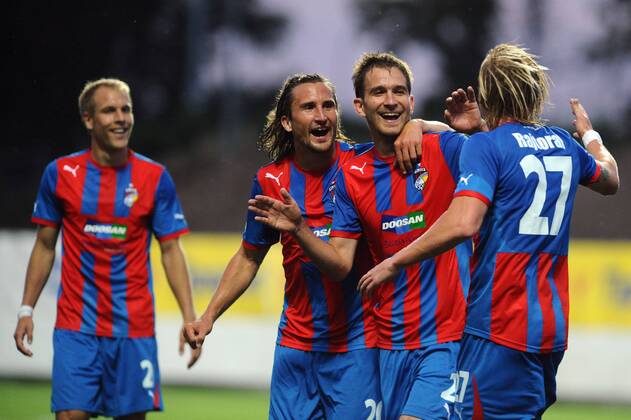 Champions League 2. qualification match Viktoria Pilsen against Pyunik Yerevan on July 19, 2011 in Pilsen, Czech Republic. Pictured Daniel Kolar, Petr Jiracek, Marek Bakos, Frantisek Rajtoral. (CTKxPhoto PavelxRakusan)  CTKPhoto1201107190369301