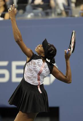 Venus Williams serves on day in Arthur Ashe Stadium at the U.S. Open Tennis Championships Stadium at the Billie Jean King National Tennis Center in New York City on August 29, 2011.  NYP20110829128