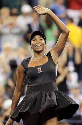 Venus Williams reacts after match point in her straight sets victory on day in Arthur Ashe Stadium at the U.S. Open Tennis Championships Stadium at the Billie Jean King National Tennis Center in New York City on August 29, 2011.  NYP20110829133
