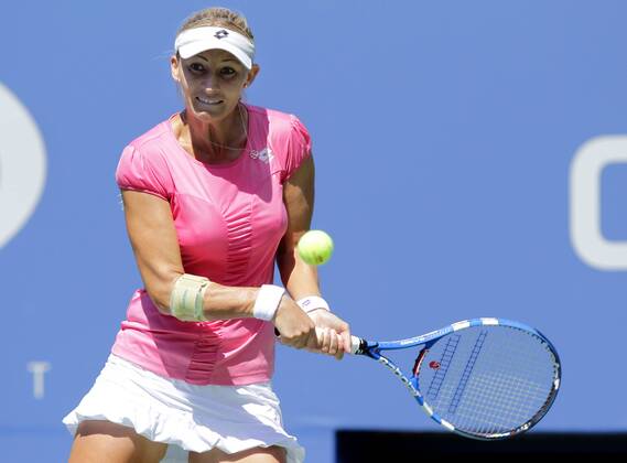 Mirjana Lucic of Croatia hits a backhand on day 4 in Arthur Ashe Stadium at the U.S. Open Tennis Championships Stadium at the Billie Jean King National Tennis Center in New York City on September 1, 2011.  NYP20110901102