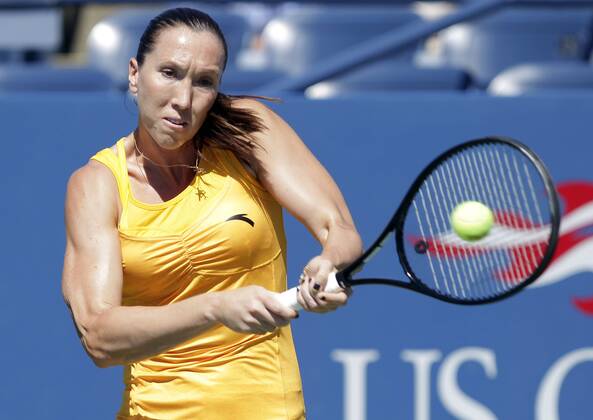 Jelena Jankovic of Serbia hits a backhand on day 4 in Louis Armstrong Stadium at the U.S. Open Tennis Championships Stadium at the Billie Jean King National Tennis Center in New York City on September 1, 2011.  NYP20110901109