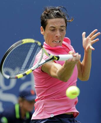 Francesca Schiavone of Italy hits a forehand in her match on day 8 in Arthur Ashe Stadium at the U.S. Open Tennis Championships at the Billie Jean King National Tennis Center in New York City on September 5, 2011.  NYP20110905106