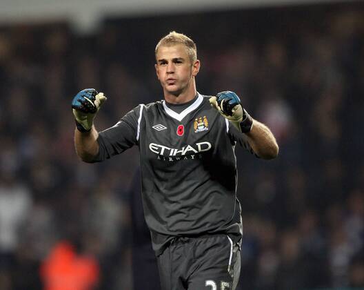 Manchester Citys Joe Hart celebrates at the final whistle Barclays Premier League. Queens Park Rangers (QPR) vs Manchester City. 5th November, 2011 EDITORIAL USE ONLY. No use with unauthorised audio, video, data, fixture lists, club league logos or live services. Online in-match use limited to 120 images, no video emulation. No use in betting, games or single club league player publications.