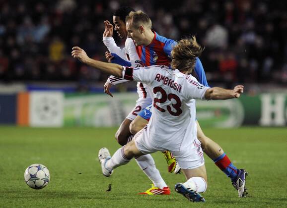 Gennaro Ivan Gattuso of Milan (left to right), Daniel Kolar of Viktoria and Massimo Ambrosini of Milan during their final Champions League group H soccer match FC Viktoria Plzen vs AC Milan at Synot Tip Arena Eden stadium in Prague, Czech Republic, Tuesday, December 6, 2011. (CTKxPhoto MichalxKamaryt)  CTKPhoto022201112061005001