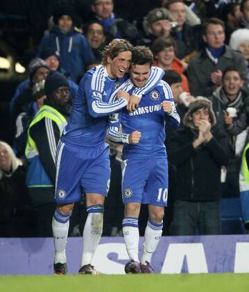 Chelseas Juan Mata celebrates scoring his sides second goal with Fernando Torres.- Chelsea FC London vs. Manchester United in the the Barclays Premier League at the Stamford Bridge, London. 5th February 2012. EDITORIAL USE ONLY. No use with unauthorised audio, video, data, fixture lists, club league logos or live services. Online in-match use limited to 120 images, no video emulation. No use in betting, games or single club league player publications.