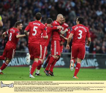Martin Skrtel of Liverpool celebrates scoring during the Cardiff City vs Liverpool FC during the Carling Cup Final, London..26th February, 2012. EDITORIAL USE ONLY. No use with unauthorised audio, video, data, fixture lists, club league logos or live services. Online in-match use limited to 120 images, no video emulation. No use in betting, games or single club league player publications. PC 01