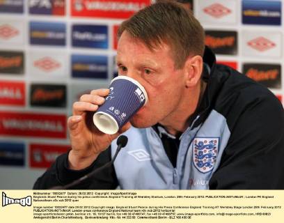 Englands Stuart Pearce during his press conference..England Training at Wembley Stadium, London. 28th February 2012. EDITORIAL USE ONLY. No use with unauthorised audio, video, data, fixture lists, club league logos or live services. Online in-match use limited to 120 images, no video emulation. No use in betting, games or single club league player publications.