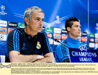 Real Madrid - UEFA Champions League 2011-2012 - Madrid - Jose Mourinho, coach and manager of Real Madrid CF, and Cristiano Ronaldo in the press conference before the match 