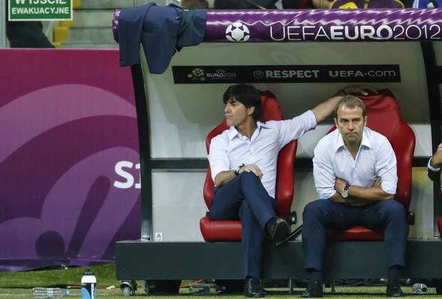 DFB Bundestrainer Joachim LOEW, LÖW Emotionen, enttäuscht, Enttäuschung, Frust, frustriert, Trauer ,traurig, verzweifelt, Verzweiflung, DFB Co Bundestrainer Hans Dieter FLICK , Portrait, Porträt GERMANY - ITALY (1 :2 ), DEUTSCHLAND - ITALIEN 1-2 Halbfinale, Semifinal, Deutsche Fussball Nationalmannschaft, DFB EM Euro 2012 am 28.06.2012 in Warschau, Europameisterschaft 2012 in P o l e n, U k r a i n e