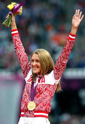 United Kingdom. London. 07 aug. 2012. Summer Olympic Games. Olympic Stadium. Athletics. Woman s 3000m Steeplechase. Award ceremony. ZARIPOVA Yuliya (RUS) - Olympic Champion. 