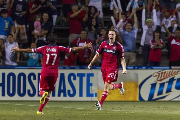 Aug. 5, 2012 - Bridgeview, Illinois, U.S - Chicago Fire defender AUSTIN BERRY (22) celebrates his second-half goal against Toronto FC with teammate PAVEL PARDO at Toyota Park. MLS Fussball Herren USA 2012: Fire Defeats Toronto FC 2-1 - ZUMAt10
