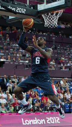 Aug. 10, 2012 - London, GBR - USA s Lebron James (6) scores against Argentina during their semifinals game at the Basketball Arena at the North Greenwich Arena during the 2012 Summer Olympic Games in London, England, 2012. USA defeated Argentina 109-83 to advance to the Gold Medal game. 2012 Summer Olympics Basketball - ZUMAm67