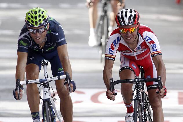 Alejandro Valverde (1st) (L), Joaquin Purito Rodriguez (2nd) at the finish line of the stage of La Vuelta 2012 between Faustino V and Eibar (Arrate).August 20,2012.  (201208203030)