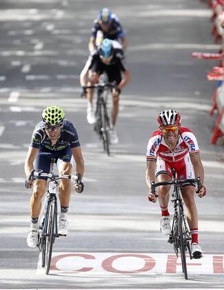 Alejandro Valverde (1st) (L), Joaquin Purito Rodriguez (2nd) at the finish line of the stage of La Vuelta 2012 between Faustino V and Eibar (Arrate).August 20,2012.  (20261542)