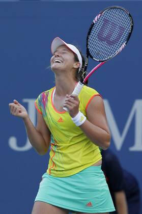 Laura Robson of Great Britain reacts after match point at the 2012 U.S. Open Tennis Championships in Arthur Ashe Stadium at the Billie Jean King National Tennis Center in New York City on August 29, 2012.  NYP20120829103