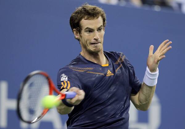 Andy Murray of Great Britain hits a backhand at the 2012 U.S. Open Tennis Championships in Arthur Ashe Stadium at the Billie Jean King National Tennis Center in New York City on August 29, 2012.  NYP20120829134
