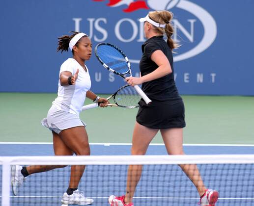 Lindsey Lee-Waters and Megan Moulton-Levy of the USA congratulate one another during the first-round women s double match at the 2012 U.S. Open held at the National Tennis Center on August 29, 2012 in New York. UPI Photo Monika Graff  NYP20120829336