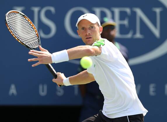 US Open 2012, USTA Billie Jean King National Tennis Center, Flushing Meadows, New York, ITF Grand Slam Tennis Tournament . Nikolay Davydenko (RUS) Aktion, Einzelbild, , Querformat,