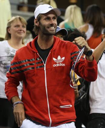 US Open 2012, USTA Billie Jean King National Tennis Center, Flushing Meadows, New York, ITF Grand Slam Tennis Tournament . Angelique Kerber (GER) Trainer Torben Beltz jubelt auf der Tribuene, Jubel, Emotion, Freude, , Hochformat,