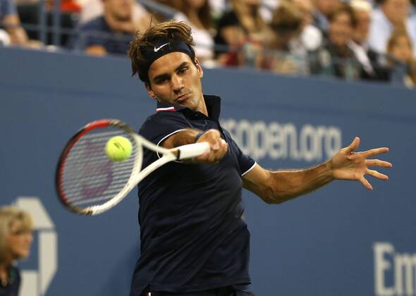 US Open 2012, USTA Billie Jean King National Tennis Center, Flushing Meadows, New York, ITF Grand Slam Tennis Tournament . Roger Federer (SUI) Aktion, Einzelbild, , Querformat,