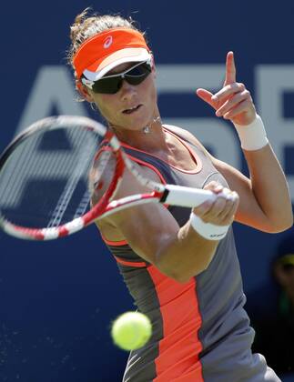 Samantha Stosur of Australia hits a forehand in her second round match in Arthur Ashe Stadium at the Billie Jean King National Tennis Center in New York City on August 31, 2012.  NYP20120831114