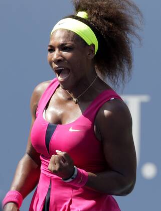 Serena Williams reacts on day 6 in Arthur Ashe Stadium at the Billie Jean King National Tennis Center in New York City on September 1, 2012.  NYP20120901113