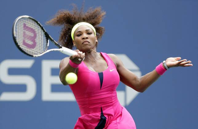 Serena Williams hits a forehand in her match in Arthur Ashe Stadium at the Billie Jean King National Tennis Center in New York City on September 3, 2012.  NYP20120903115
