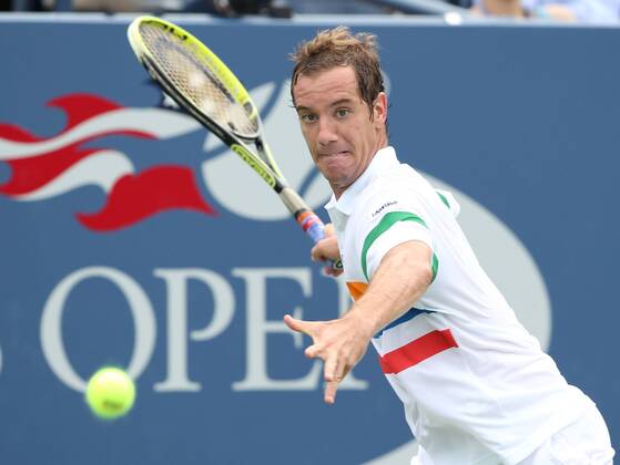 US Open 2012, USTA Billie Jean King National Tennis Center, Flushing Meadows, New York, ITF Grand Slam Tennis Tournament , Richard Gasquet (FRA), Aktion, Einzelbild, Halbkörper,Querformat,